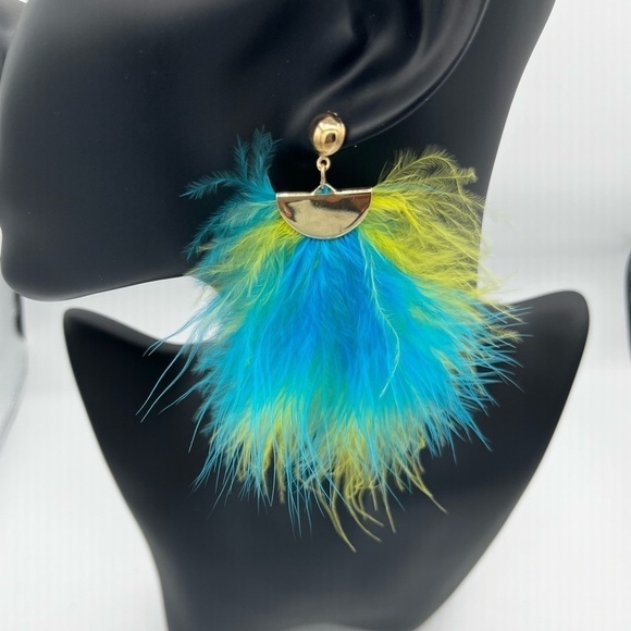 Tickled In Blue and Yellow Women’s Feather Drop Earrings - Picture 1 of 9